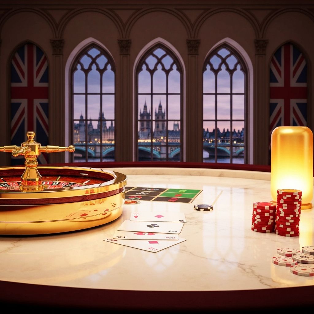 Luxury UK casino — roulette wheel, playing cards and poker chips with London skyline